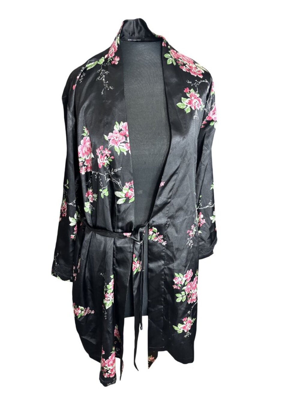 Jones New York Black Floral Satin Kimono Robe With Belt L/XL